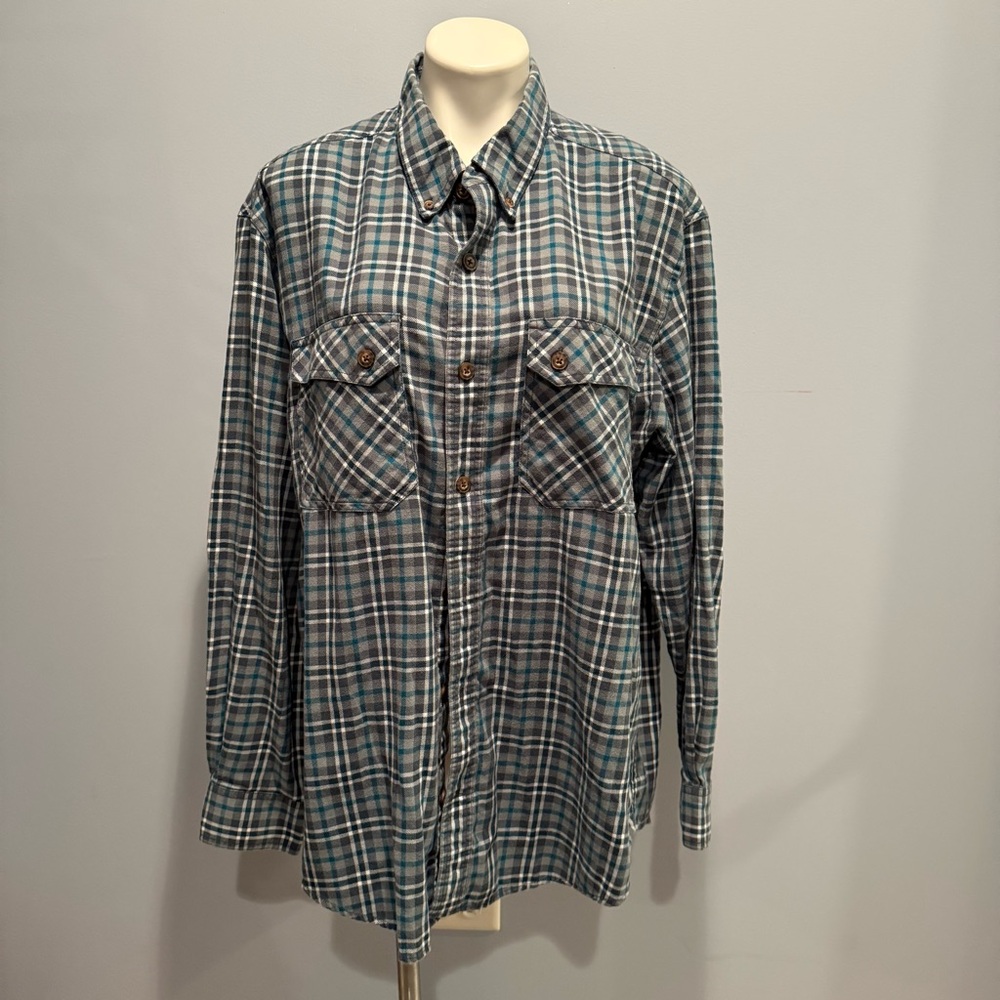 Duluth Trading Co Men’s XL Blue Gray Plaid Flannel Shirt 100% Cotton
